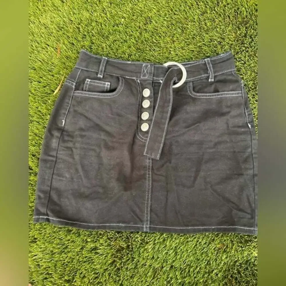 BDG‎ Urban Outfitters Black Denim Mini Skirt Button Fly Belted Sz S